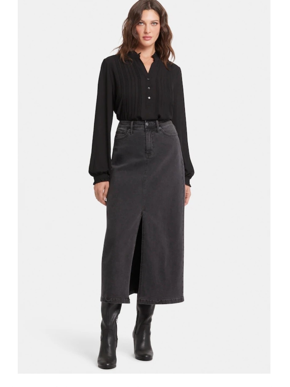 New Stretchy NYDJ Black Long Denim Maxi Skirt with Front Slit